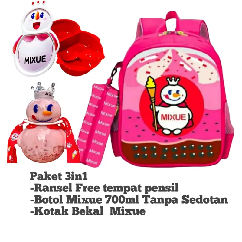 Paket Tas Ransel Anak Motif mixue + Botolo Mixue +lunch box/Kotak Bekal MIxue bisa COD Sd Fashion 4