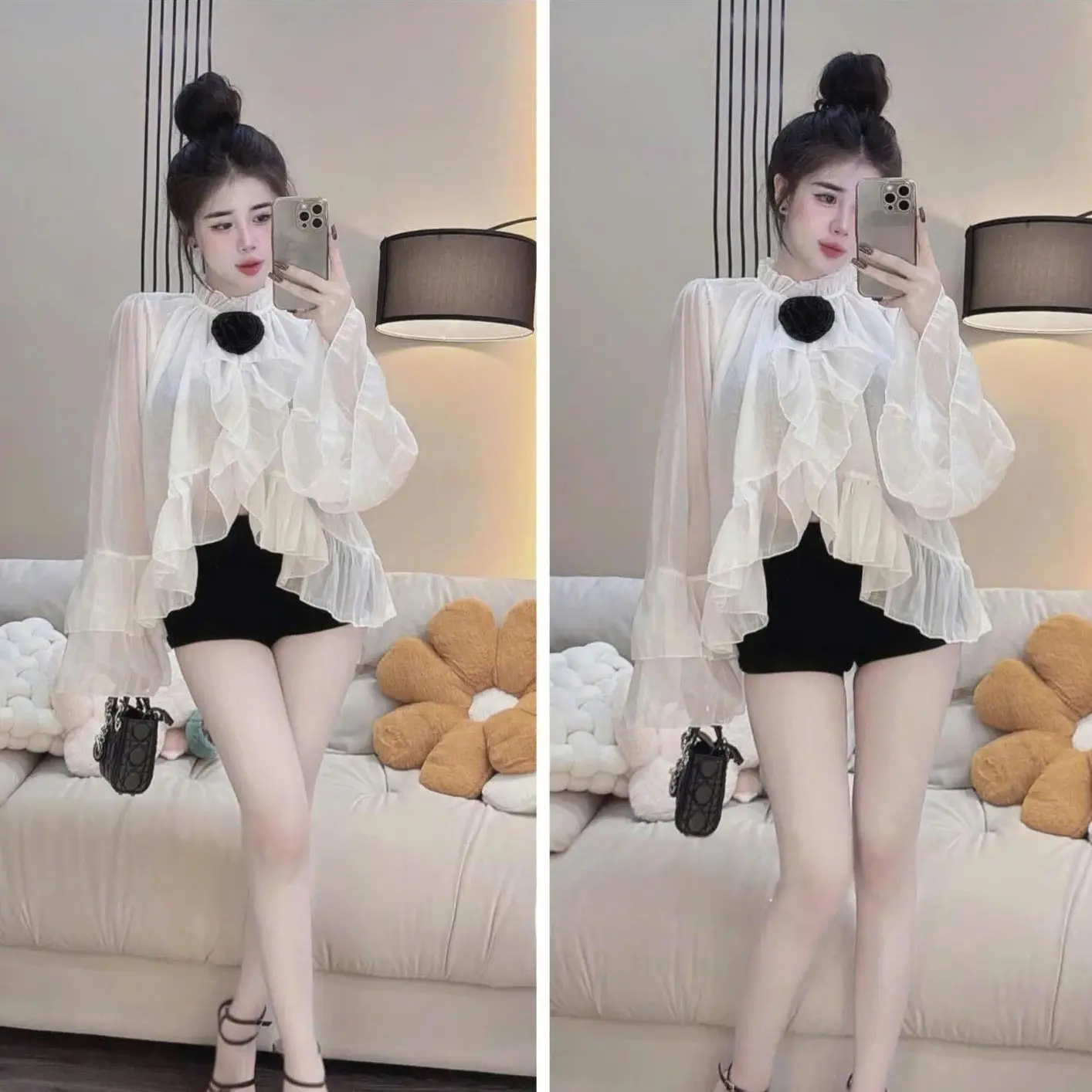 Áo somi tay dài phối tơ bèo siêu xinh "Màu Trắng" sang chảnh mix Đính BÔNG - Nữ +TOP WOMEN