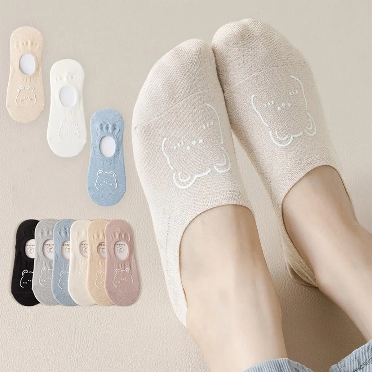 6 Pairs Cute Boat Socks Cartoon Bear Funny Socks Soft Breathable Kawaii Women Summer Short Non-slip Invisible Ankle Socks