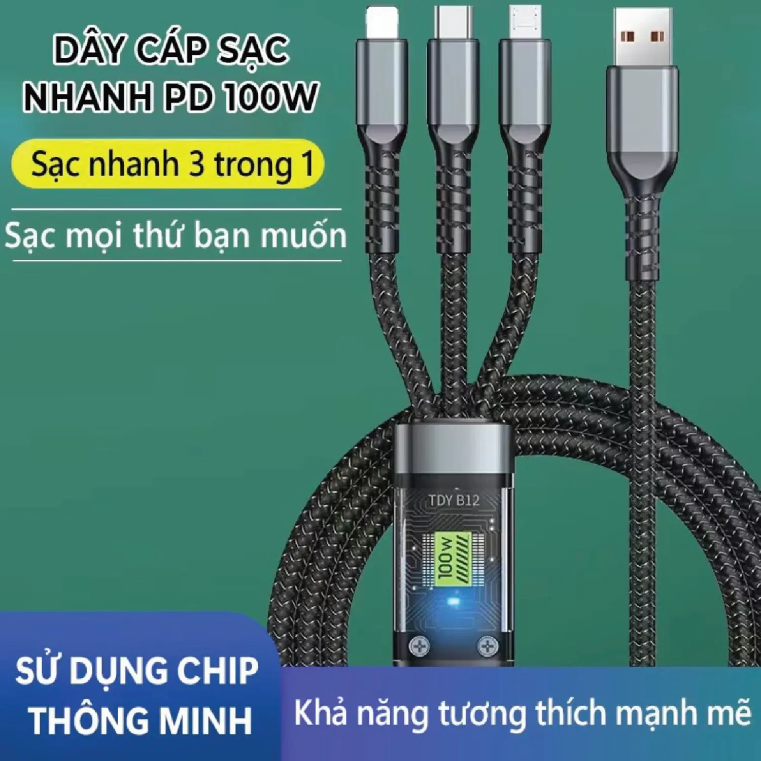 Cáp Sạc Nhanh 3 Đầu 100W - Dài 1.2m - Dây Sạc 3 Trong 1 Chống Đứt, Chống Rối. Dây sạc 3 in1 , Cáp sạc 4in1