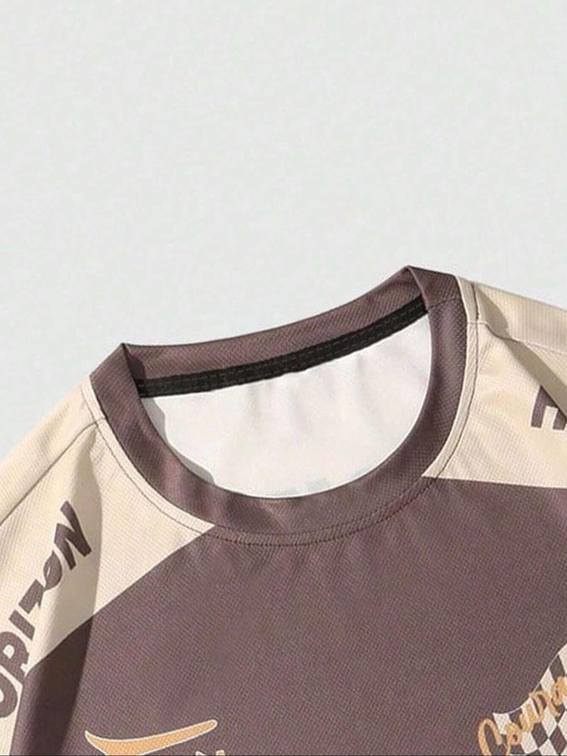 Product Introduction of Men's Colorblock Letter Print Drop Shoulder Tee, Regular Fit Casual Short Sleeve Round Neck T-Shirt for Summer, Fashion Men's Top for Daily Wear 3