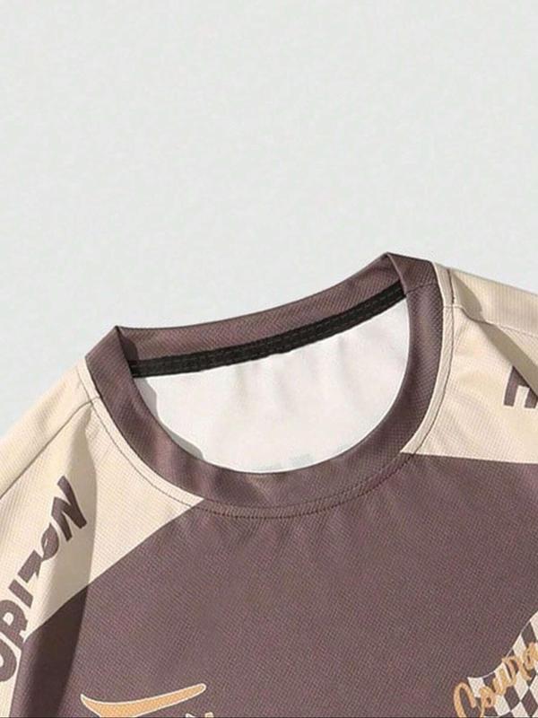 Men's Colorblock Letter Print Drop Shoulder Tee, Regular Fit Casual Short Sleeve Round Neck T-Shirt for Summer, Fashion Men's Top for Daily Wear 2