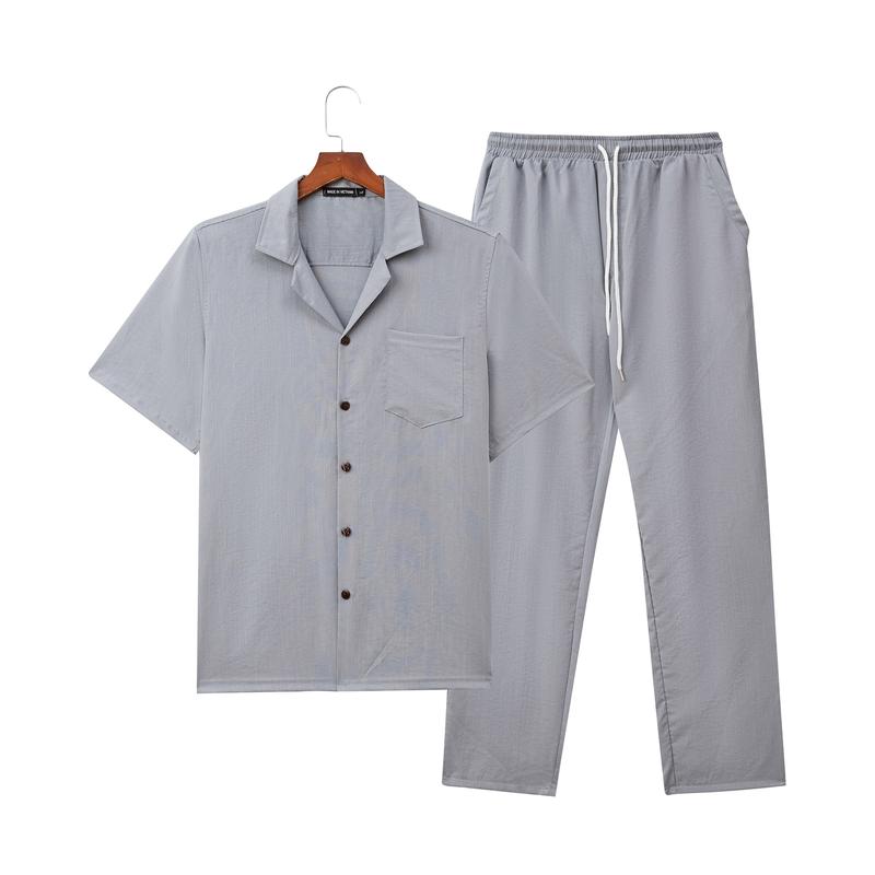 Bộ Đũi Nam Cổ Vest Chất Liệu Vải Đũi Mềm Mát Màu Xám Tay Ngắn Quần Dài Phong Cách Thời Trang Hàn Quốc