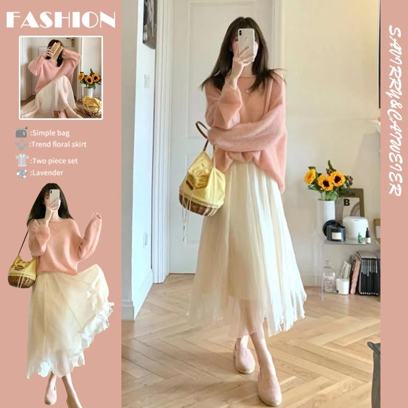 Trang Phục TikTok Hợp Thời Trang, Áo Len Dệt Kim Sang Trọng Và Váy Xuyên Thấu Đối, Combo Mùa Thu / Mùa Đông Nữ Women Top