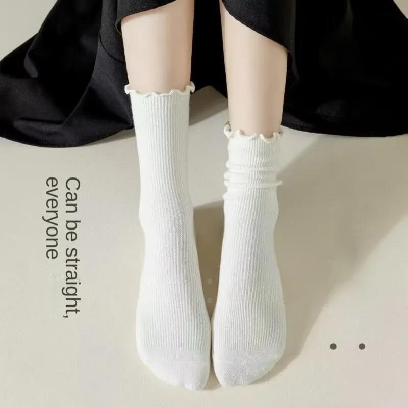 Tất Cho Nữ, Chất Liệu Cotton Xếp Ly Ống Giữa Dài Đến Mắt Cá Chân, Ngắn Và Thoáng Khí, Màu Đen Và Trắng, Thích Hợp Cho Mùa Mùa Xuân, Mùa Thu Và Mùa Đông Women Ong 1