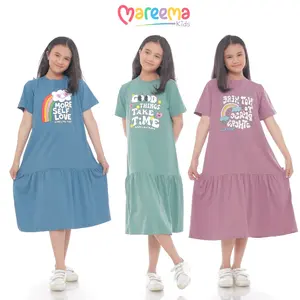 Dress Lebaran Baju Anak Perempuan Basic Tunik Lengan Pendek Usia 5 Sampai 14 Tahun Putih Hitam Katun Kaos Fashion