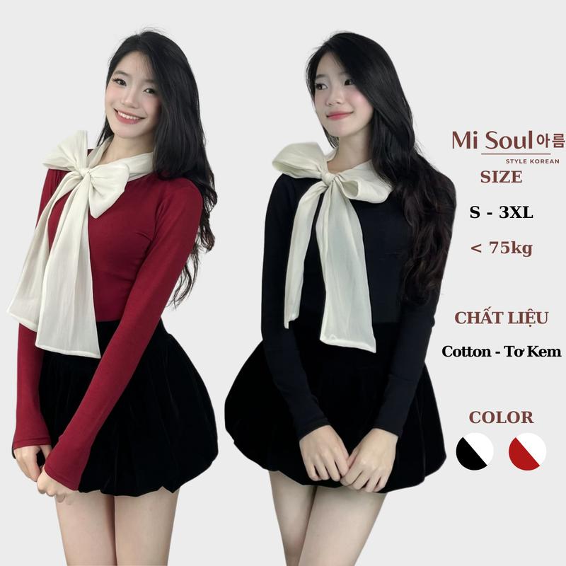  Áo Thun Cotton Dài Tay Phối Cổ Nơ Tơ Kem Bánh Bèo Tiểu Thư BigSize MiSoul  Áo Dài Tay Cổ Mix Dây Nơ Điệu Đà 374 Nữ Top 