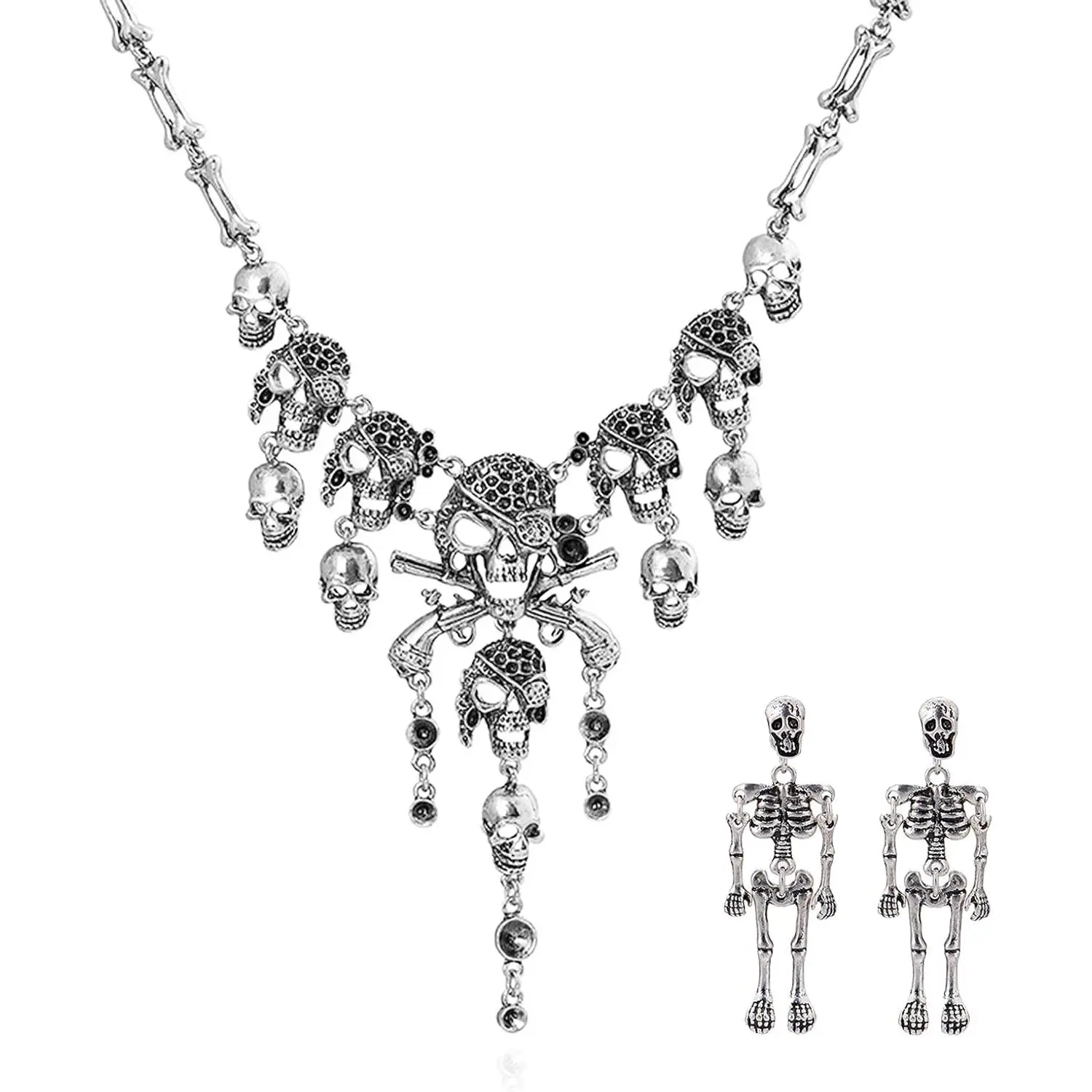 YANCHUN Skull Necklace for Men Goth Skull Skeleton Necklace and Earrings Set halloween Necklace