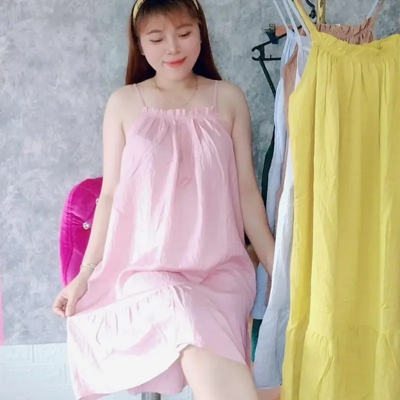 Váy nữ hai dây vải Đũi xốp mềm mát Freesize từ 40-60kg Đầm Women Dress Đỏ Khuy Umi 3