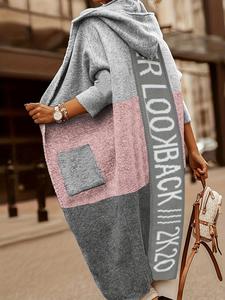 Women's Colorblock  & Letter Print Drop Shoulder Hooded Cardigan, Casual Long Sleeve Pocket Open Front Knitwear for Fall & Winter, Women's Clothes for Daily Wear