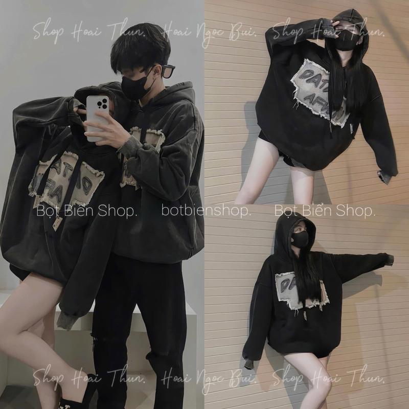   Nỉ Nhung_Lót lông cáo  Áo Hoodie thêu đáp DATA siêu hot màu đen loang mốc có túi giặc wash bụi bặm lót nhung form to giặc thoải mái bảo hành không xù nam nữ 