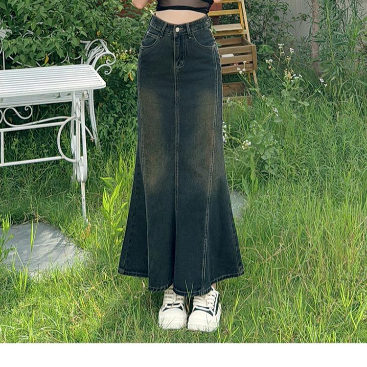 Chân váy jean dài nữ xòe cạp cao tôn dáng vải bò denim dày dặn màu xanh đậm V15