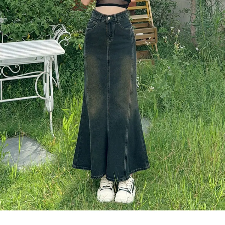 Chân váy jean dài nữ xòe cạp cao tôn dáng vải bò denim dày dặn màu xanh đậm V15 0