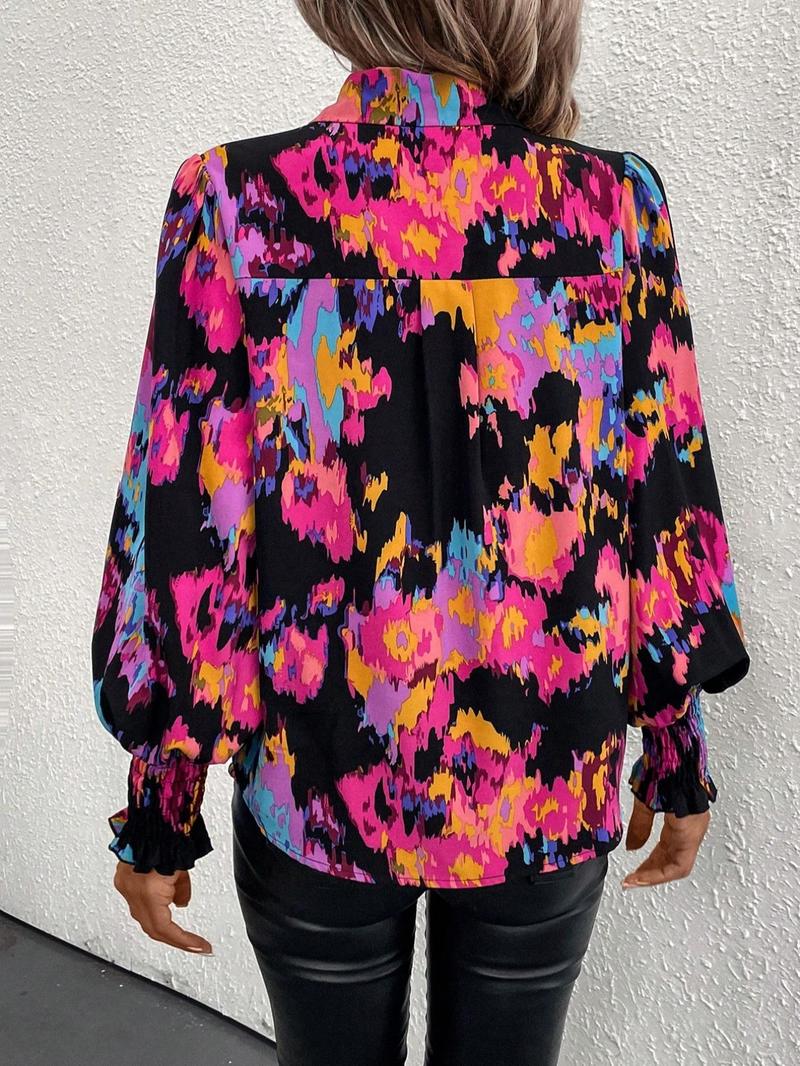 Product Introduction of Women's Tie Dye Print Frill Trim Shirred Button Front Shirt, Casual Lantern Sleeve Top for Spring & Fall, Ladies Clothes for Daily Wear 2