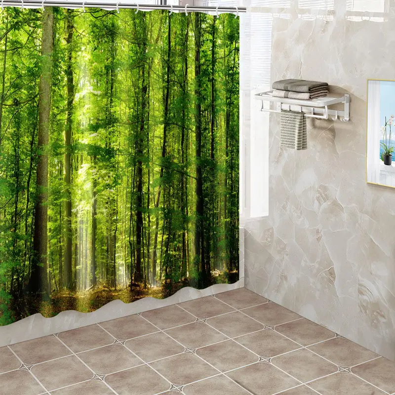 Forest Pattern Shower Curtain, Waterproof Bathroom Curtain, Bathroom Decor Supplies, Home Supplies, Bathroom Accessories 3