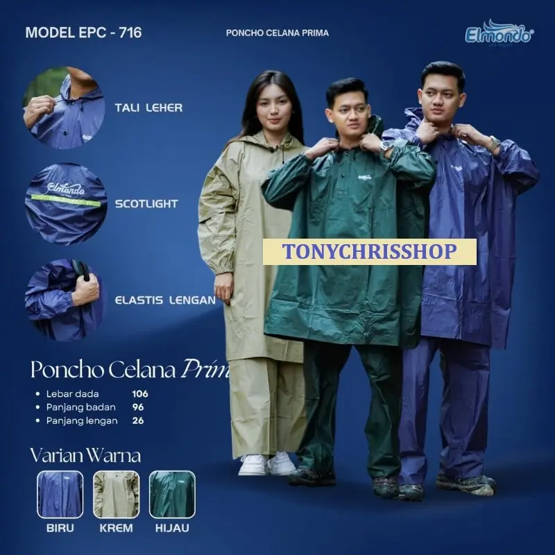Jas Hujan Ponco Celana Elmondo Prima 716 - Mantel Setelan Poncho Lengan Dewasa Pria dan Wanita