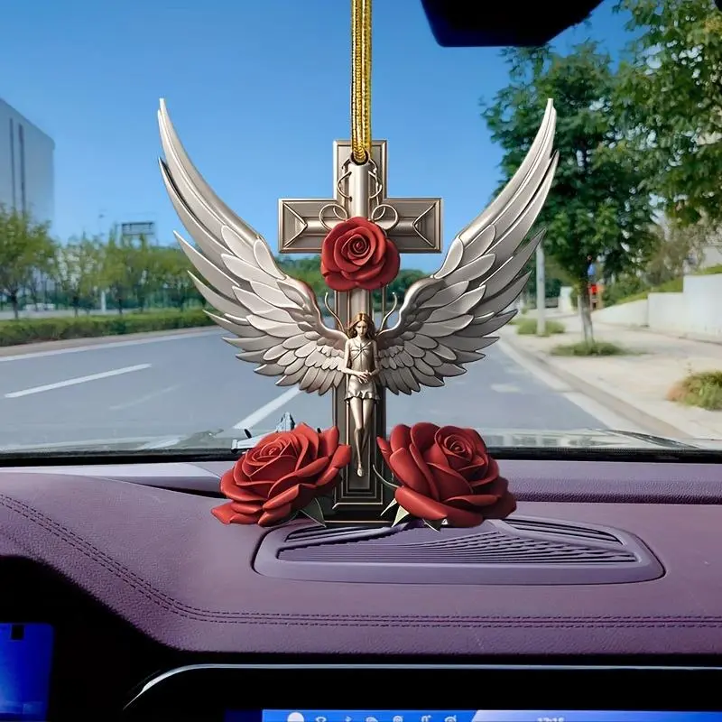 Car Rearview Mirror Hanging Ornament, Cross & Rose Design Car Interior Decoration for Key Ring, Universal Car Accessories for Women & Men
