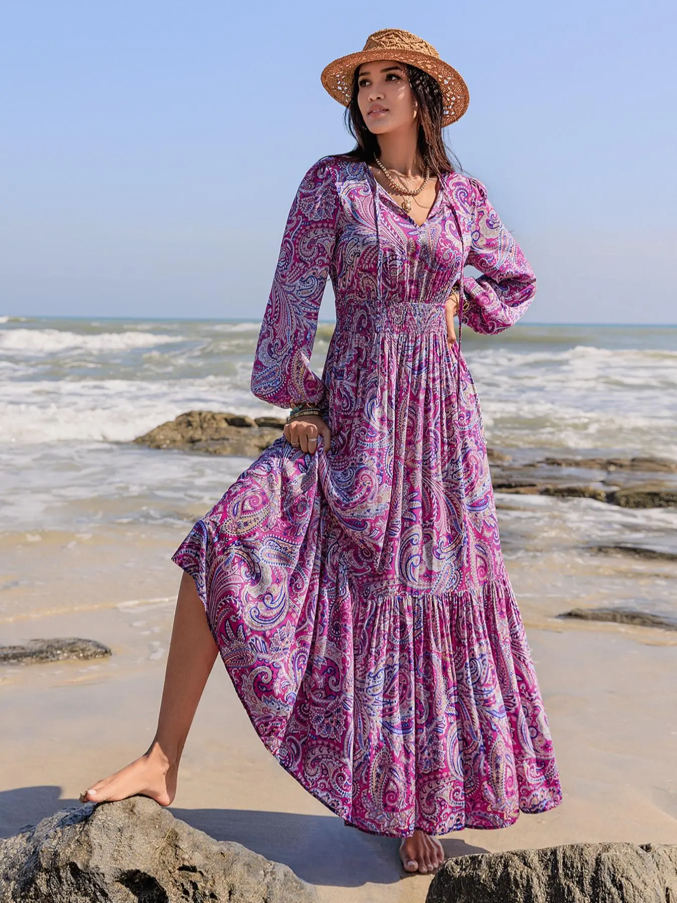 Women's Paisley Print Shirred Tie Neck Ruffle Hem Long Sleeve A Line Dress, Dresses for Women, Boho Fashion Lantern Sleeve Long Holiday Dresses for Beach Holiday Vacation, Back To School Outfits, Summer Dresses 2025, Dresses for Women