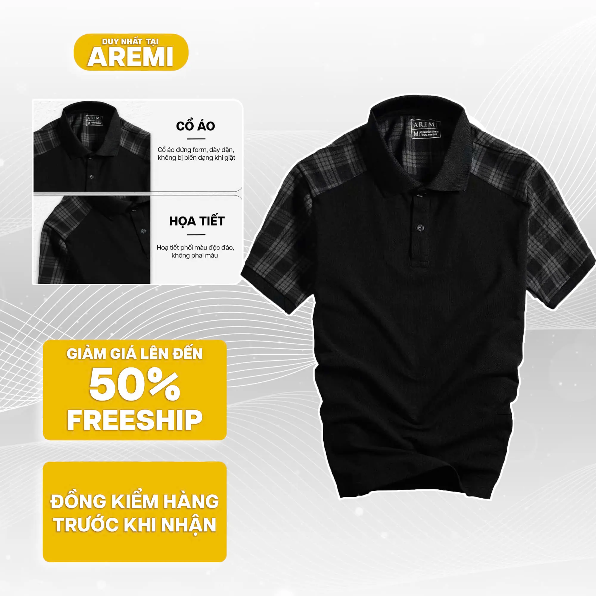 Áo polo đen nam tay ngắn cổ trụ phối caro AREMI vải cotton cá sấu co giãn 4 chiều cao cấp APL0038 Menswear Ngắn Tay Cộc Tay Có Cổ