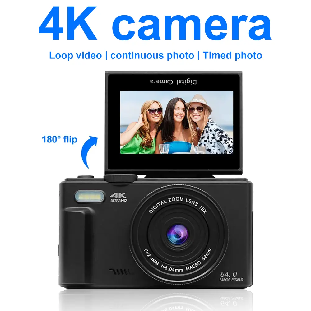 Máy ảnh kỹ thuật số, độ phân giải 4K, để chụp ảnh, zoom kỹ thuật số 18X, máy ảnh Vlog nhỏ gọn 64MP, màn trập lật 3 '' 180 °, với đèn flash