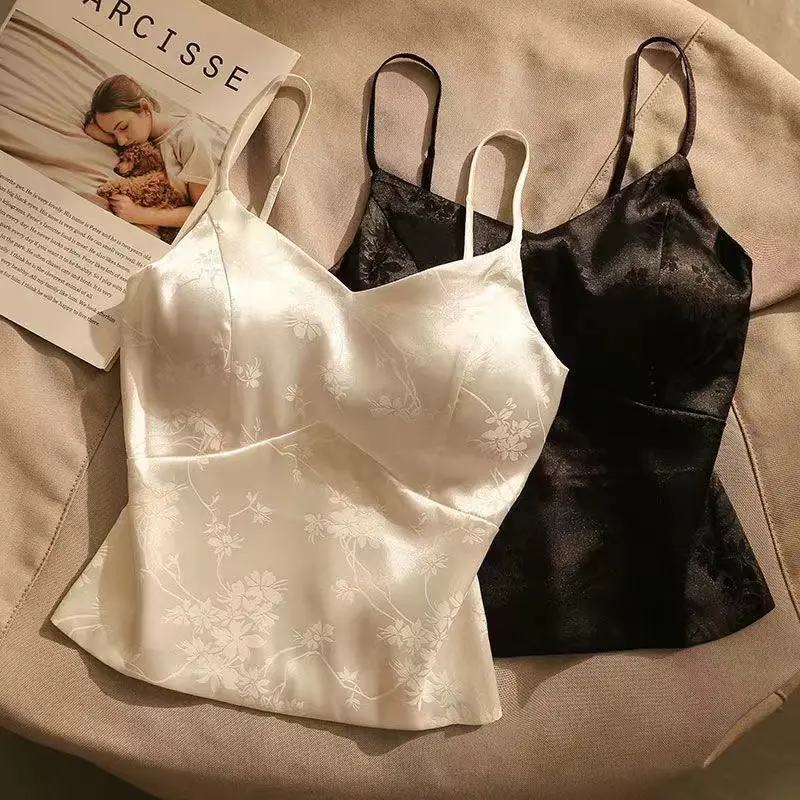 Áo Yếm Satin Jacquard, Phong Cách Trung Quốc Mới, Đệm Ngực Nữ, Độc Đáo Cao Cấp, Không Tay, Áo Cơ Sở Ngắn, Thời Trang Trung Quốc Top Women Màu Đen