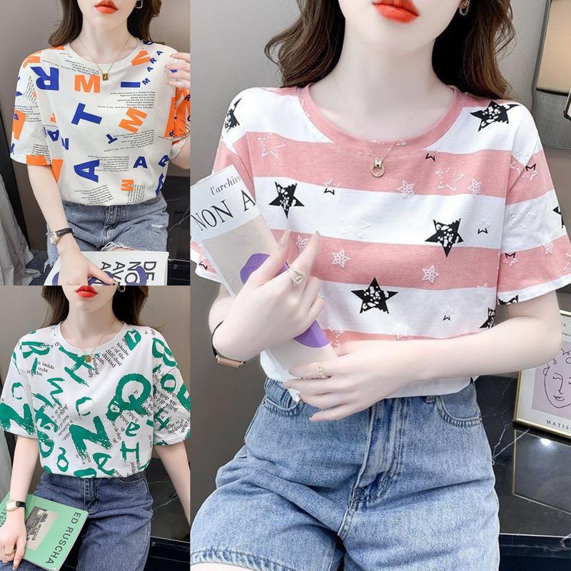 Combo 3 Áo Phông In Nhiều Họa Tiết Thanh Lịch Chất Cotton Thoáng Khí Có Quà Tặng Đính Kèm Women Nữ Top Thun Kem 1