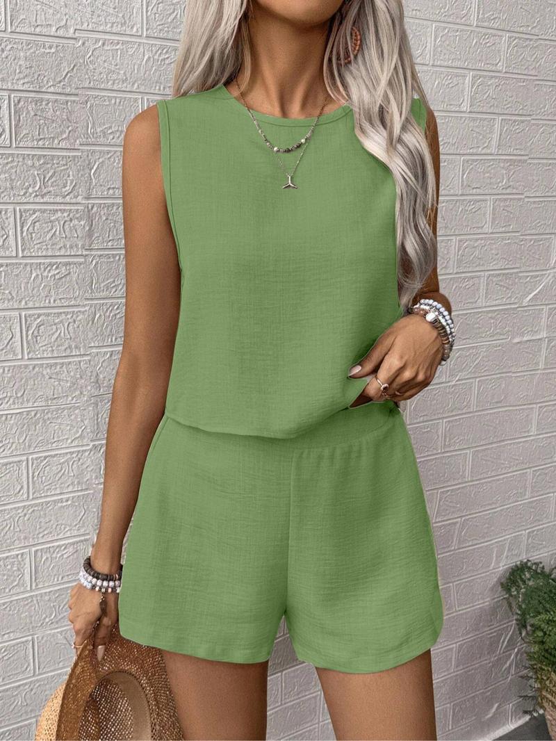 Product Introduction of Women's Solid Color Top & Shorts Two-piece Set, Casual Sleeveless Top & Wide Leg Shorts for Daily Wear, Ladies Two-piece Outfits for All Seasons 2