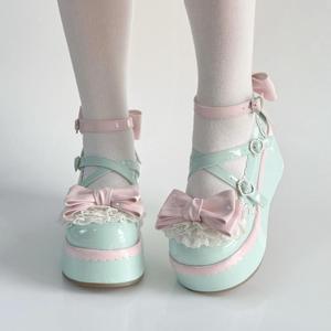 Cute Lolita macaron color small leather shoes JK soft girl lolita shoes thick bottom bow Mary Jane shoes