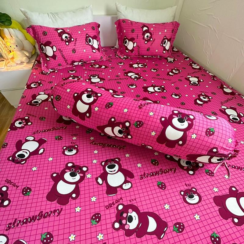 Bộ Drap Thun HQ Lotso Caro Hồng Đậm ( 4 món): 1 ga bo chun, 2 vỏ gối nằm, 1 vỏ gối ôm