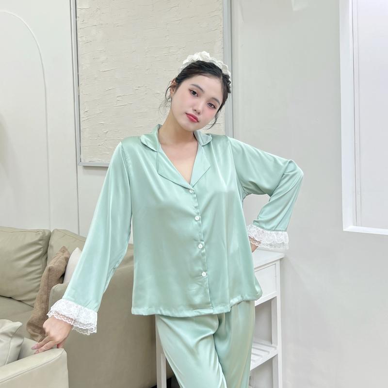  Maisleepwear Set Lụa Tay Dài Quần Dài Phối Ren Lụa Cao Cấp MS1225 