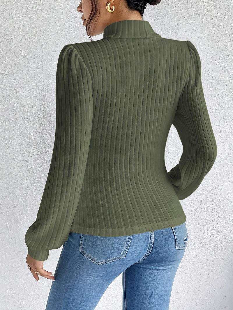 Product Introduction of Women's Plain Bishop Sleeve High Neck Knit Top, Casual Long Sleeve Ribbed Knitwear for Fall & Winter, Women's Knit Clothing for Daily Wear 11