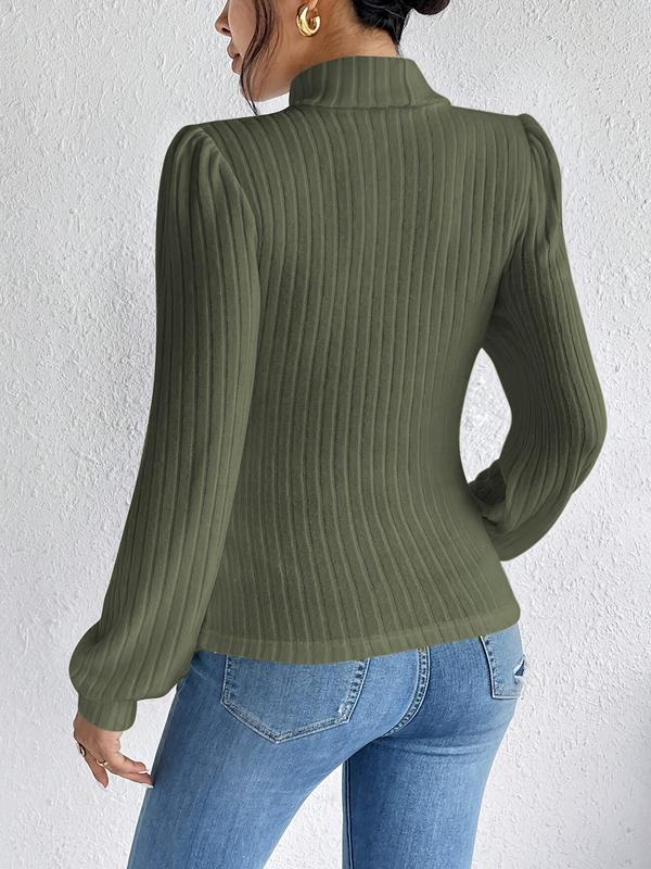 Women's Plain Bishop Sleeve High Neck Knit Top, Casual Long Sleeve Ribbed Knitwear for Fall & Winter, Women's Knit Clothing for Daily Wear 7