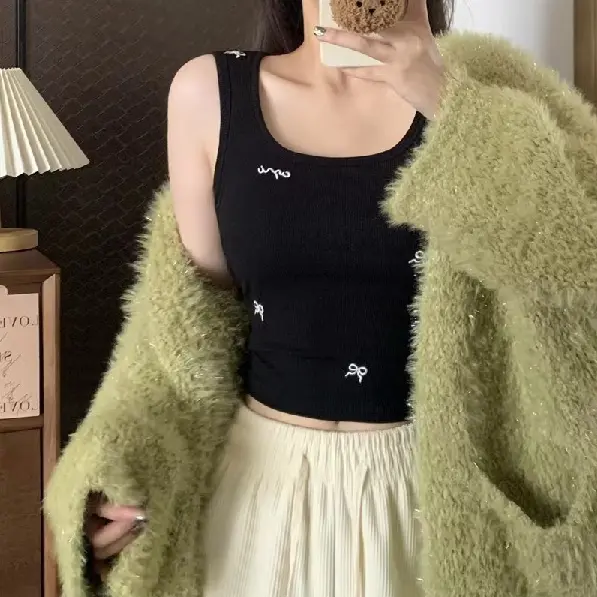 Áo Vest Mỏng Cho Nữ, Có Đệm Ngực Cố Định, Thiết Kế Thêu, Có Nơ, Kiểu Y 4