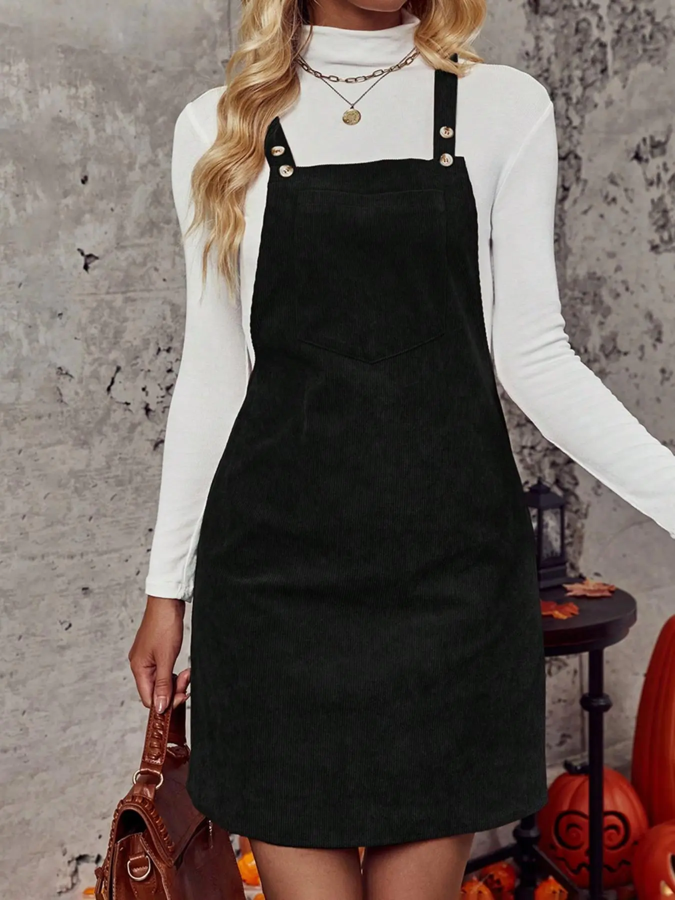 Women's Solid Pocket Corduroy Pinafore Dress, Casual Comfy Sleeveless Straps Short Dress for Spring & Fall, Ladies Clothes for Daily Wear, Womenswear