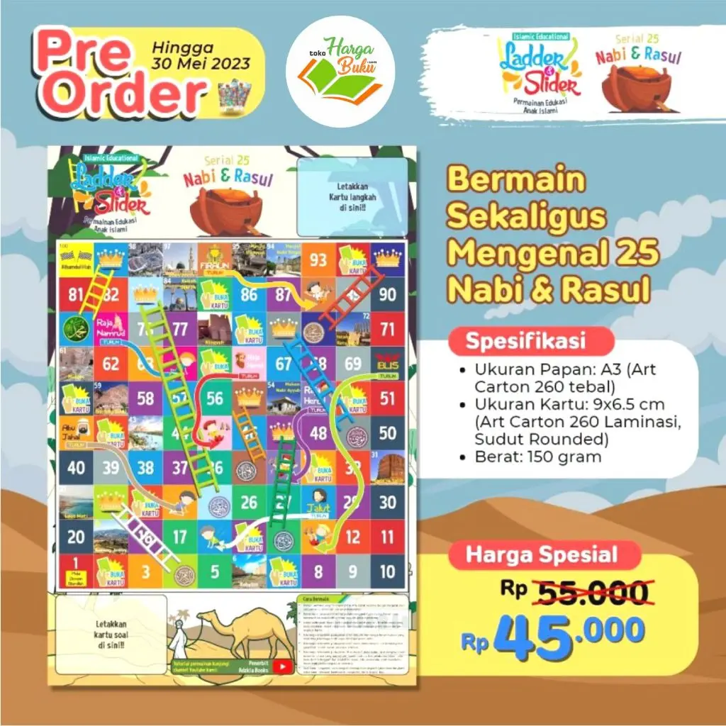 Permainan Ular Tangga SERIAL 25 Nabi dan Rasul Ladder Dan Slider Permainan Edukasi Anak Islami Adzkia Books Papan Board Games Kartu Toys