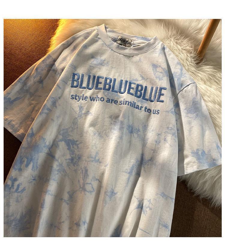 Product Introduction of Tie-Dye Top T-Shirt Embroidered Letters Couple Outfit Best Friend Outfit Short Sleeve T-Shirt Women Summer Loose Casual Top T-Shirt 13