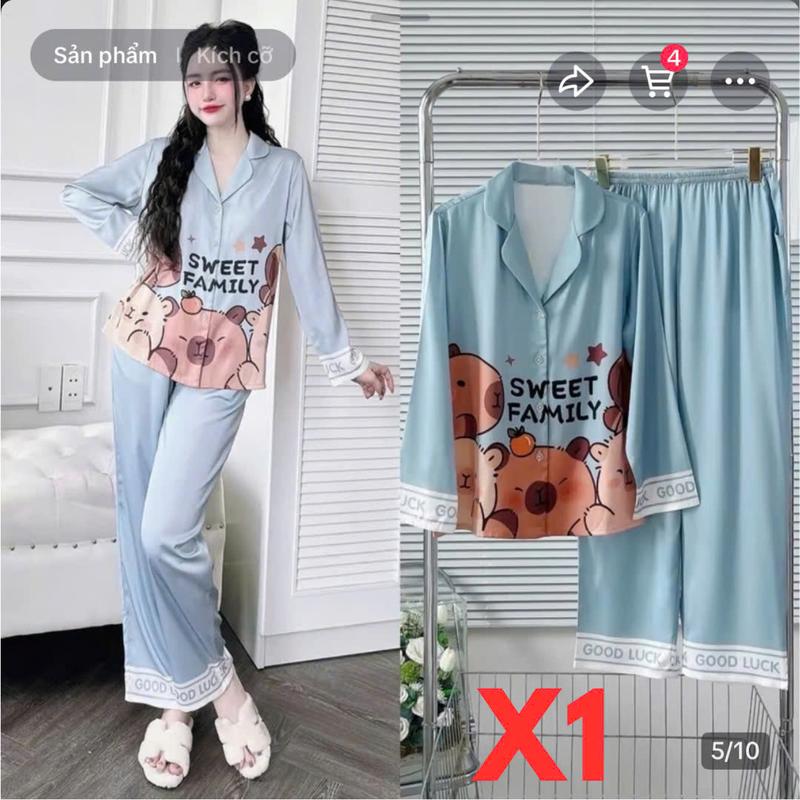 Bộ đồ ngủ mặc nhà dài tay in hình vải satin cao cấp - Bộ pijama hoạt hình dễ thương Nữ Women Quần Ngủ Áo Ngủ 7