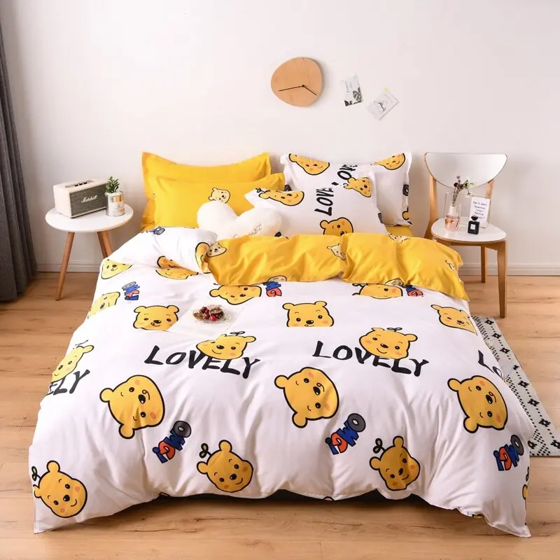 Winnie the Pooh 4 In 1 Bedding Set Modern Quilt Comforter Duvet Cover Flat Bed Sheet Pillowcases Queen King Yellow Dots