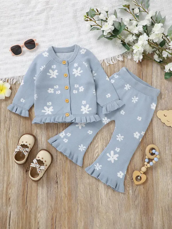 Toddler Girl's 2pcs Floral Print Button Front Cardigan Jacket & Ruffle Hem Flare Leg Pants Set, Casual Cute 2 Piece Outfits for Little Girls Spring & Fall, Kids Clothes, Co-ord Set Outfits, Comfy Outfits, Girls Clothing Sets, Kids Clothing 0