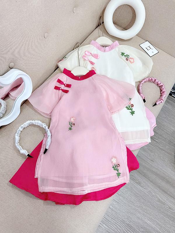[PINI- A01] ÁO DÀI tay bồng (cao tăng sz) thêu kèm chân váy lụa xinh và bờm cho bé gái mặc tết ( 10-30kg Cao tăng size)