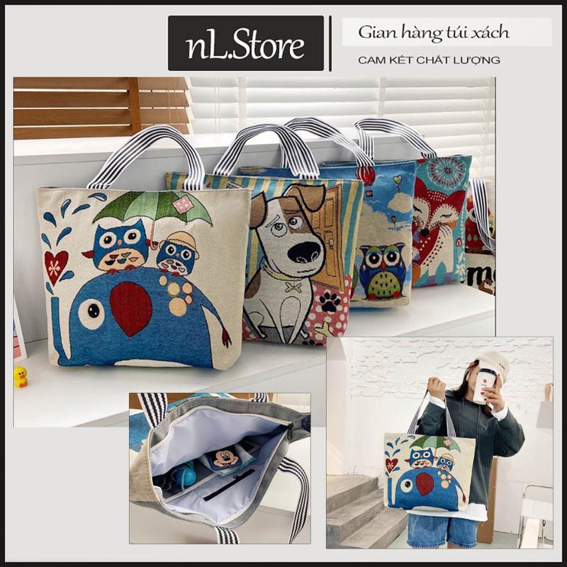 Túi tote vải canvas thêu thổ cẩm có khóa kéo + ngăn phụ size lớn đựng đồ đi làm đi học T04 nL.Store
