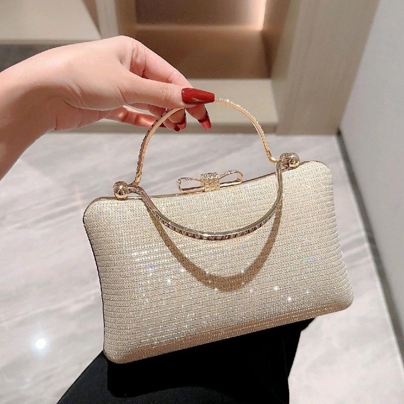 Túi Xách Nữ Đeo Chéo Women Bag Clutch Cầm Tay Cốp Đi Tiệc Quai Kiềng Đôi Khóa Nơ Màu Vàng Blingbling Kim Tuyến Kèm Dây Xích Size 2 HÀNG QC Nhung Kem tuixach ditiec hot trend tui di tuixinh giare đá