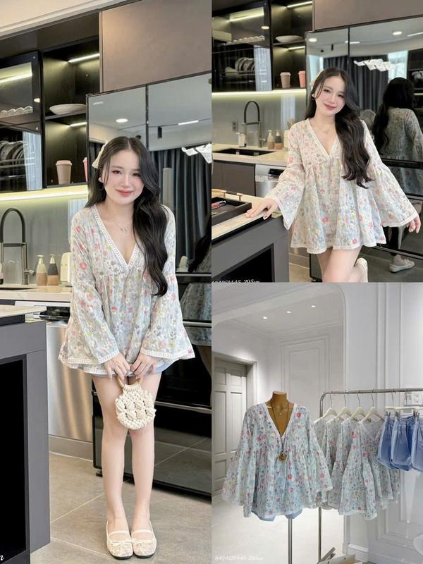 S967 (TÁO ĐỎ BIGSIZE 55-90KG) SET 2 MÓN ÁO BABYDOLL HOA CỔ V + QUẦN SHORT