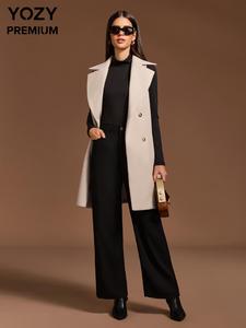 YOZY Women's Solid Double Button Belted Pea Coat & Long Sleeve Top Two-piece Set, Lapel Neck Sleeveless Outerwear & Top Set, Women's Fall & Winter Clothes