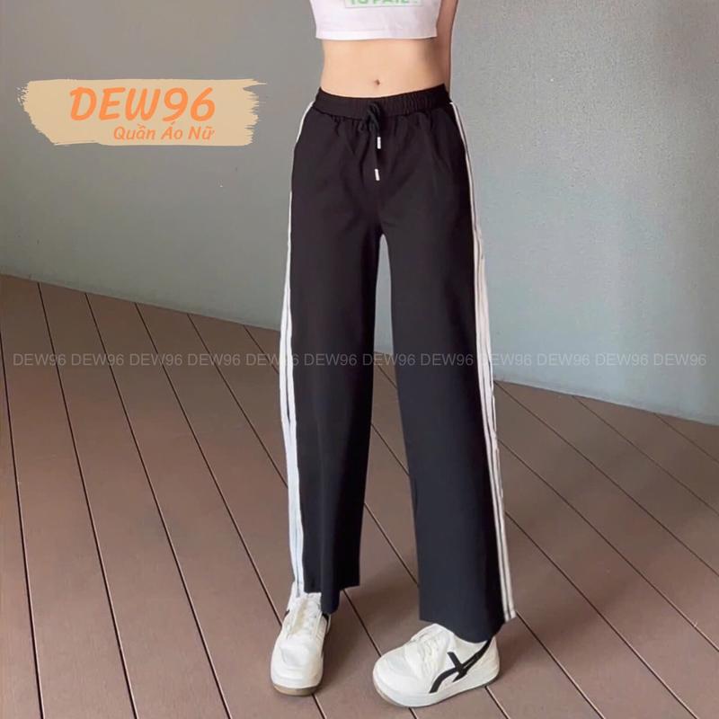 Quần ống suông nữ phối 3 sọc trắng chất vải umi co giãn cạp chun dây rút