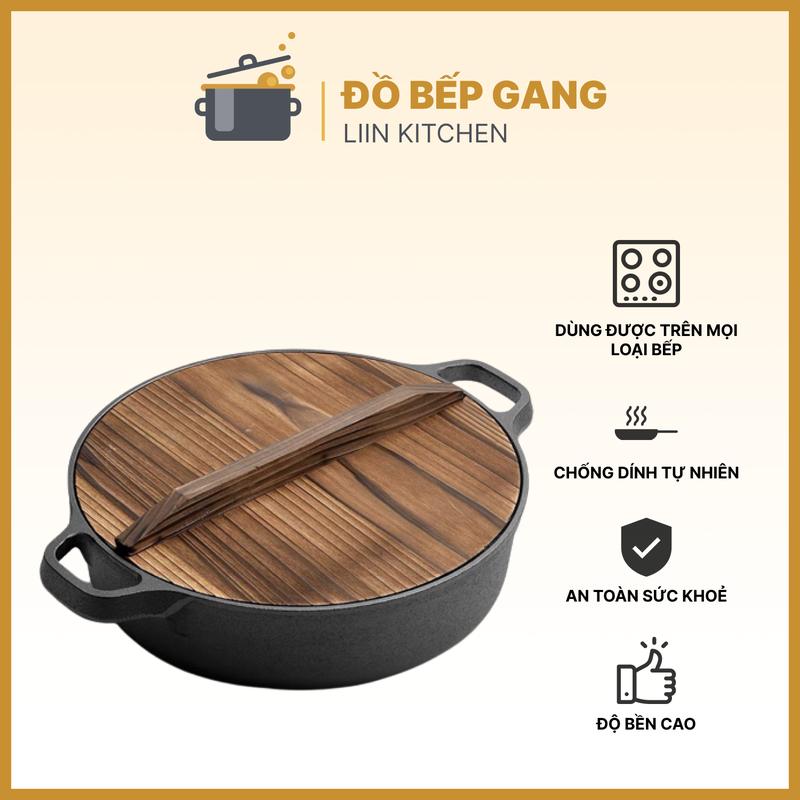 Chảo gang dùng trên bếp từ chảo gang thô thủ công 2 quai chống dinh tự nhiên LIINKITCHEN