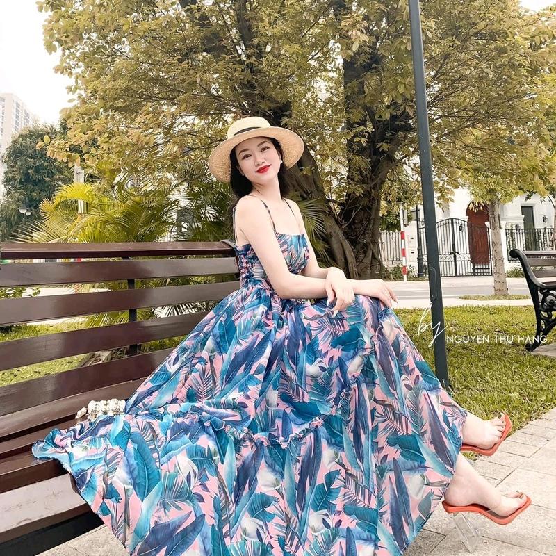 Đầm maxi voan 2 dây có lót dáng xòe đi chơi đi biển Voi Nữ Dress Women Tim - Vàng Kem