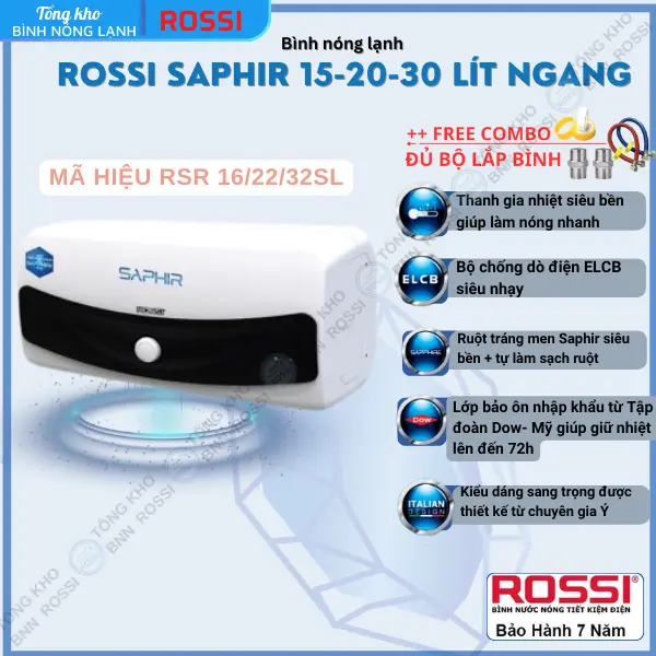 Bình nóng lạnh gián tiếp Rossi Saphir ngang RSR16/22/32SL (15/20/30 Lít) - Tập đoàn Tân Á Đại Thành