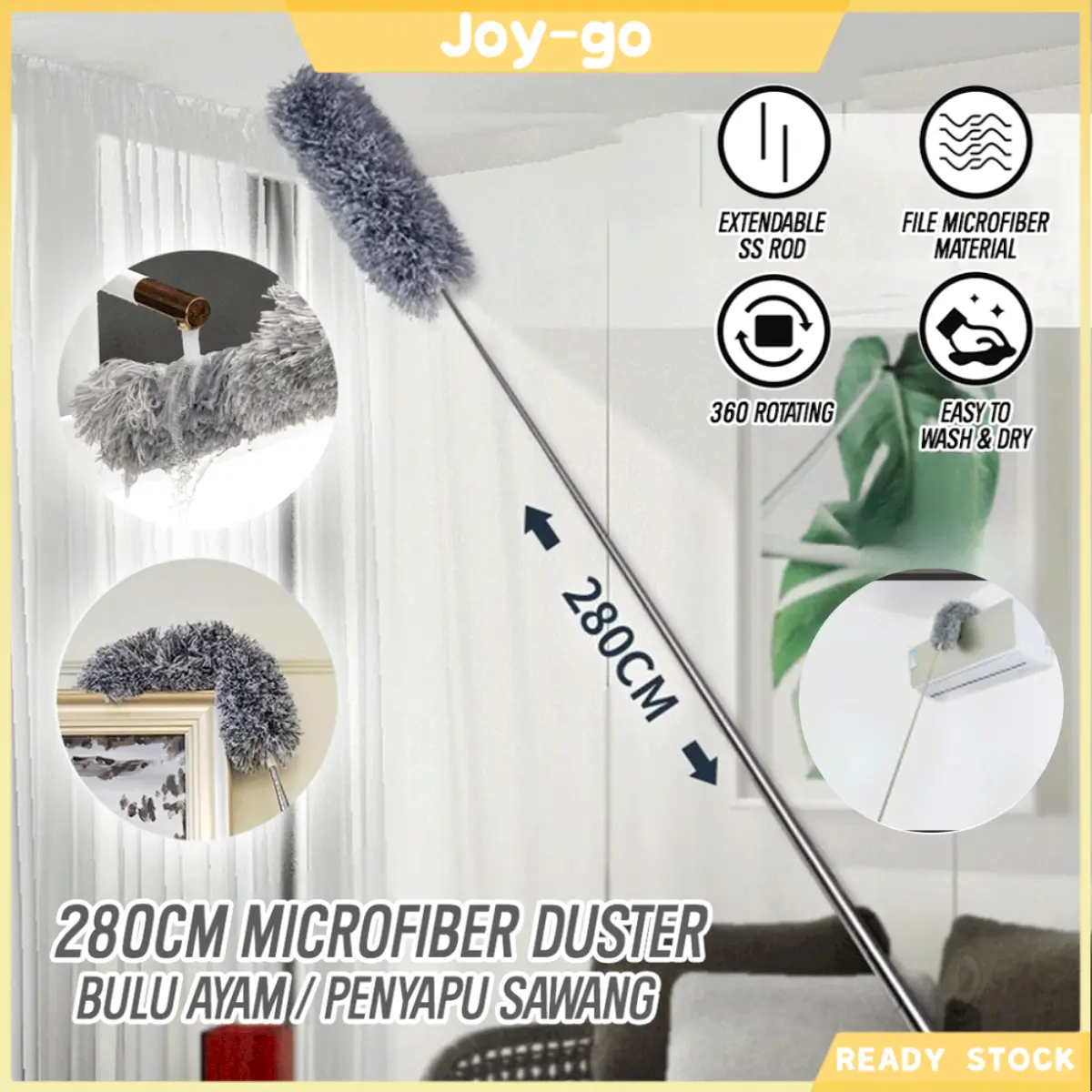 280CM Microfiber Duster Brush Extendable Adjustable Telescopic Bending Duster Feather for Cleaning Set Steel Retractable