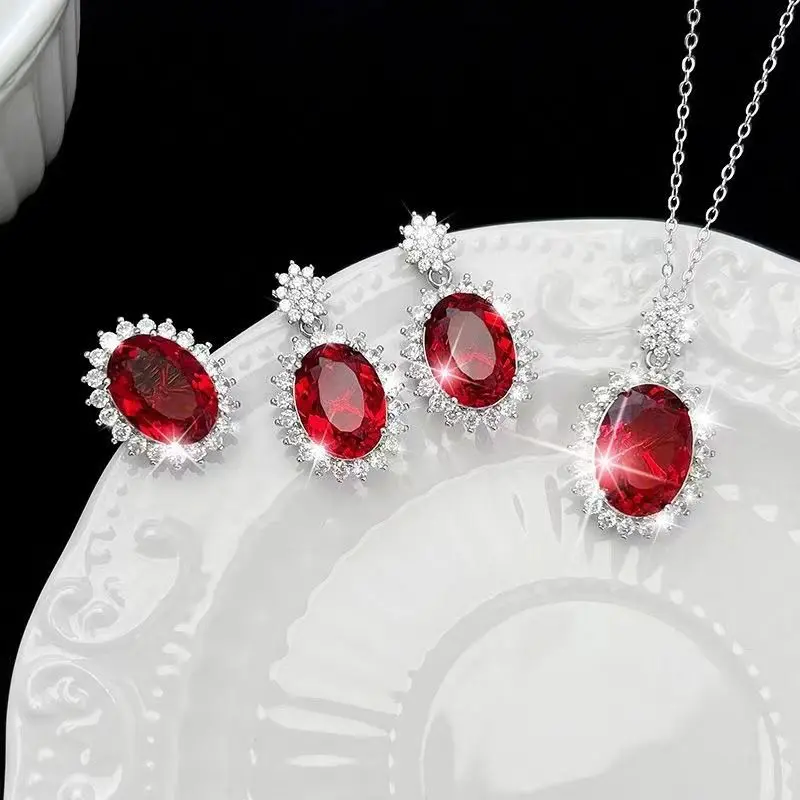 2024 Luxury Heavy Industry Red Graceful Geometric Ornament Three-Piece Suit Clavicle Chain Stud Earrings Open Mouth Ring for Women Fashion